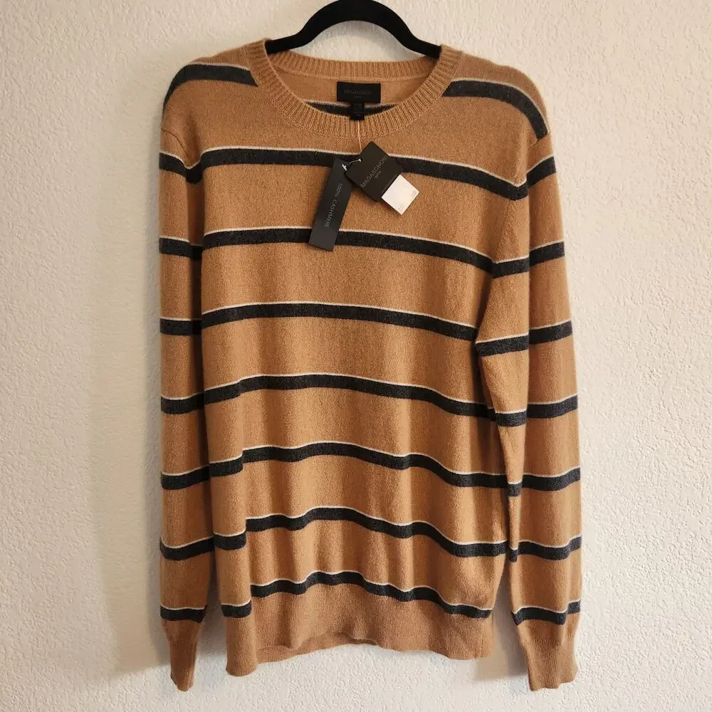 Magaschoni Man Men's Size Medium 100% Cashmere Tan/Navy‎ Striped Long Sleeve NWT